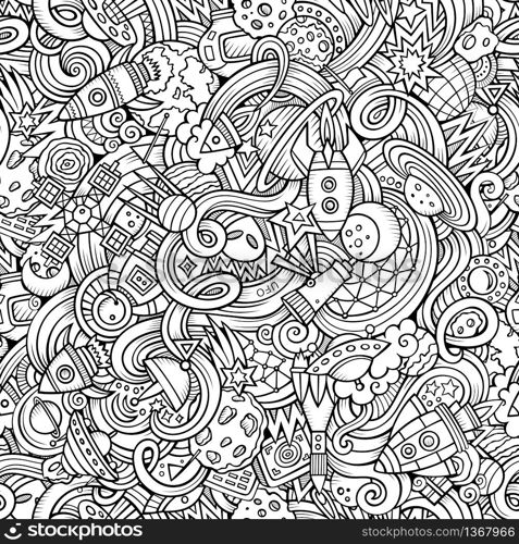 Cartoon hand-drawn doodles on the subject of space style theme seamless pattern. Vector background. Cartoon hand-drawn doodles on the subject of space pattern