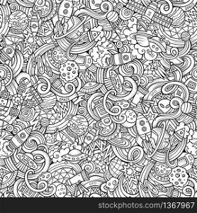 Cartoon hand-drawn doodles on the subject of space style theme seamless pattern. Vector background. Cartoon hand-drawn doodles on the subject of space pattern