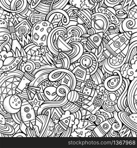 Cartoon hand-drawn doodles on the subject of space style theme seamless pattern. Vector background. Cartoon hand-drawn doodles on the subject of space pattern