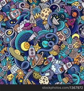 Cartoon hand-drawn doodles on the subject of space style theme seamless pattern. Vector background. Cartoon hand-drawn doodles on the subject of space seamless pattern