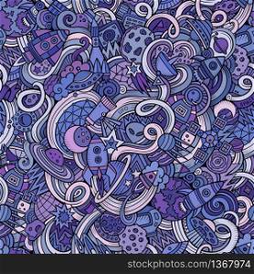 Cartoon hand-drawn doodles on the subject of space style theme seamless pattern. Vector background. Cartoon hand-drawn doodles on the subject of space seamless pattern