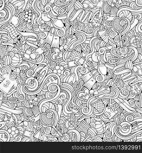 Cartoon hand-drawn doodles on the subject of sports style theme seamless pattern. Vector line art background. Cartoon hand-drawn doodles on the subject of sports style theme