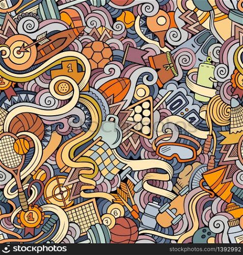 Cartoon hand-drawn doodles on the subject of sports style theme seamless pattern. Vector colorful background. Cartoon hand-drawn doodles on the subject of sports style theme