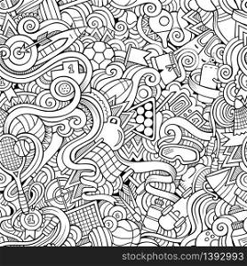 Cartoon hand-drawn doodles on the subject of sports style theme seamless pattern. Vector line art background. Cartoon hand-drawn doodles sports seamless pattern