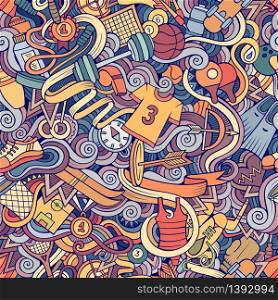 Cartoon hand-drawn doodles on the subject of sports style theme seamless pattern. Vector colorful background. Cartoon hand-drawn doodles sports seamless pattern