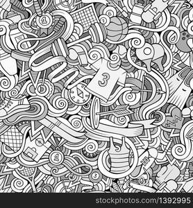 Cartoon hand-drawn doodles on the subject of sports style theme seamless pattern. Vector line art background. Cartoon hand-drawn doodles on the subject of sports style theme
