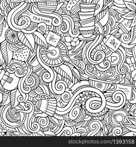 Cartoon hand-drawn doodles on the subject of tea time style theme seamless pattern. Vector line art background. Cartoon hand-drawn doodles on the subject of tea time style