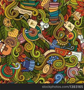 Cartoon hand-drawn doodles on the subject of tea time style theme seamless pattern. Vector colorful background. Cartoon hand-drawn doodles on the subject of tea time style
