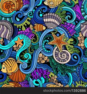 Cartoon hand-drawn doodles on the subject of under water life theme seamless pattern. Colorful detailed, with lots of objects vector background. Cartoon doodles under water life seamless pattern