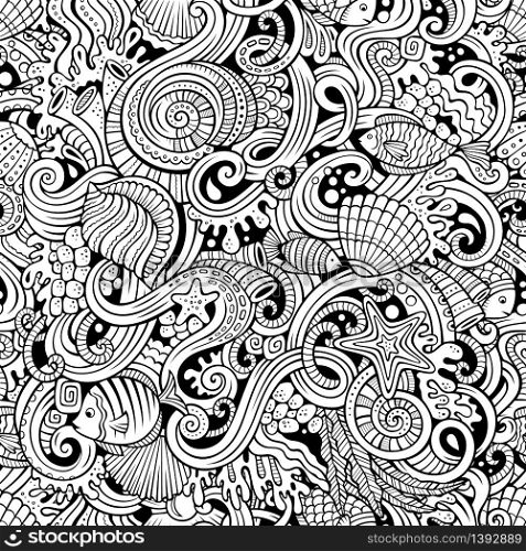 Cartoon hand-drawn doodles on the subject of under water life theme seamless pattern. Line art detailed, with lots of objects vector background. Cartoon doodles under water life seamless pattern