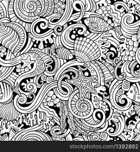 Cartoon hand-drawn doodles on the subject of under water life theme seamless pattern. Line art detailed, with lots of objects vector background. Cartoon doodles under water life seamless pattern