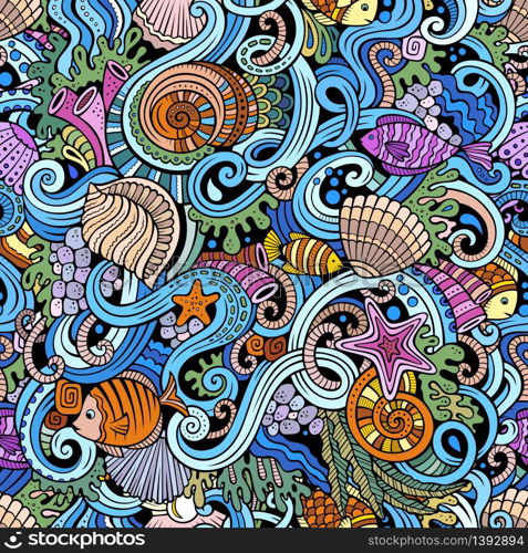 Cartoon hand-drawn doodles on the subject of under water life theme seamless pattern. Colorful detailed, with lots of objects vector background. Cartoon doodles under water life seamless pattern