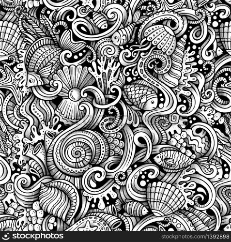 Cartoon hand-drawn doodles on the subject of under water life theme seamless pattern. Trace line art detailed, with lots of objects vector background. Cartoon doodles under water life seamless pattern