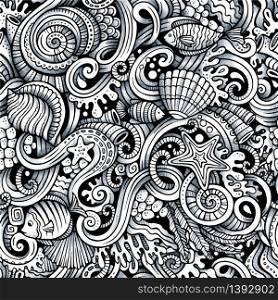 Cartoon hand-drawn doodles on the subject of under water life theme seamless pattern. Trace line art detailed, with lots of objects vector background. Cartoon doodles under water life seamless pattern