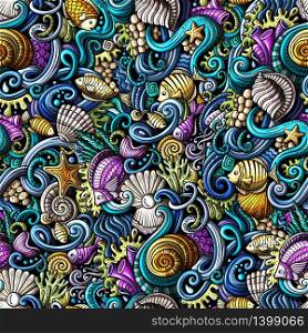 Cartoon hand-drawn doodles on the subject of under water life theme seamless pattern. Colorful detailed, with lots of objects vector background. Cartoon doodles under water life seamless pattern