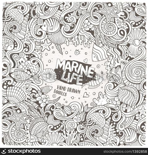 Cartoon hand-drawn doodles on the subject of Underwater life frame border. Line art detailed, with lots of objects vector background. Cartoon hand-drawn doodles Underwater life illustration