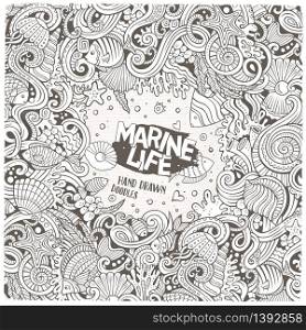 Cartoon hand-drawn doodles on the subject of Underwater life frame border. Line art detailed, with lots of objects vector background. Cartoon hand-drawn doodles Underwater life illustration