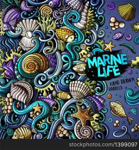 Cartoon hand-drawn doodles on the subject of Underwater life frame border. Colorful detailed, with lots of objects vector background. Cartoon hand-drawn doodles Underwater life illustration