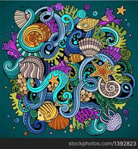 Cartoon hand-drawn doodles on the subject of Underwater life illustration. Colorful detailed, with lots of objects vector background. Cartoon hand-drawn doodles Underwater life illustration