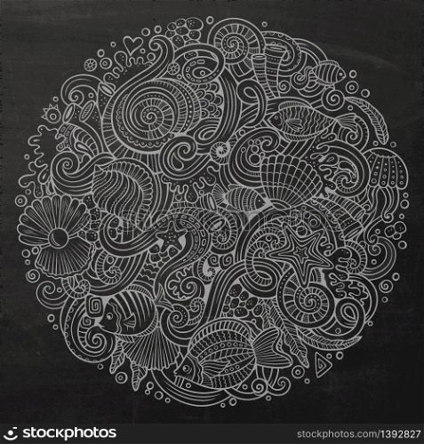 Cartoon hand-drawn doodles on the subject of Underwater life illustration. Line art chalkboard detailed, with lots of objects vector background. Cartoon hand-drawn doodles Underwater life illustration
