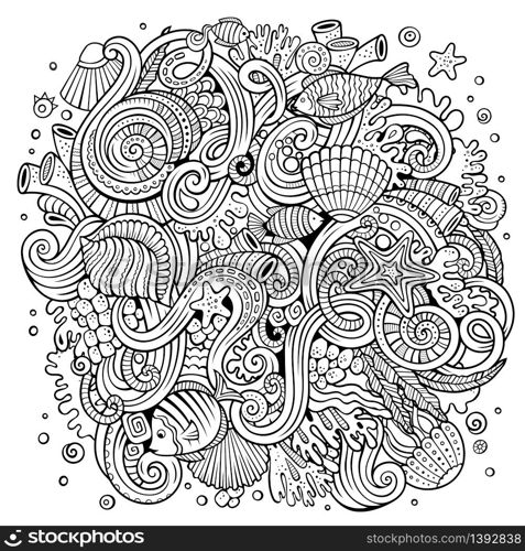 Cartoon hand-drawn doodles on the subject of Underwater life illustration. Line art detailed, with lots of objects vector background. Cartoon hand-drawn doodles Underwater life illustration