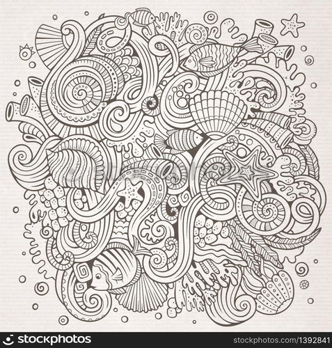 Cartoon hand-drawn doodles on the subject of Underwater life illustration. Line art detailed, with lots of objects vector background. Cartoon hand-drawn doodles Underwater life illustration