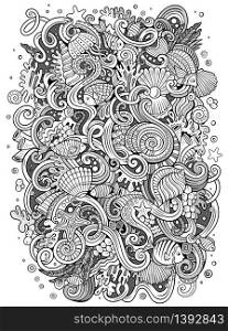 Cartoon hand-drawn doodles on the subject of Underwater life illustration. Line art detailed, with lots of objects vector background. Cartoon hand-drawn doodles Underwater life illustration