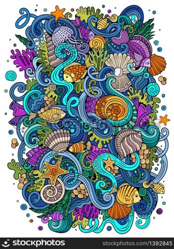 Cartoon hand-drawn doodles on the subject of Underwater life illustration. Colorful detailed, with lots of objects vector background. Cartoon hand-drawn doodles Underwater life illustration