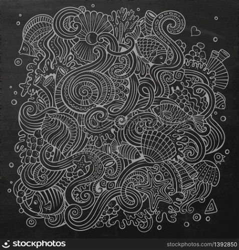 Cartoon hand-drawn doodles on the subject of Underwater life illustration. Chalkboard detailed, with lots of objects vector background. Cartoon hand-drawn doodles Underwater life illustration