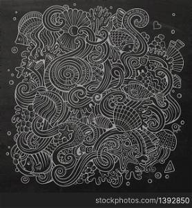 Cartoon hand-drawn doodles on the subject of Underwater life illustration. Chalkboard detailed, with lots of objects vector background. Cartoon hand-drawn doodles Underwater life illustration
