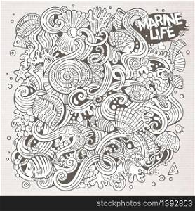 Cartoon hand-drawn doodles on the subject of Underwater life illustration. Line art detailed, with lots of objects vector background. Cartoon hand-drawn doodles Underwater life illustration