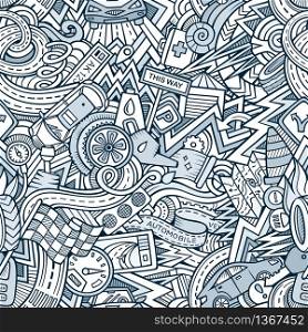 Cartoon hand-drawn doodles on the subject of Vehicle style theme seamless pattern. Line art vector background. Cartoon hand-drawn doodles Vehicle theme
