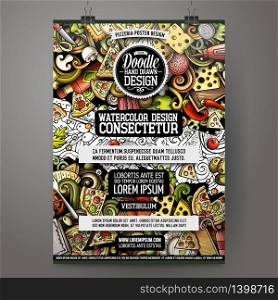 Cartoon hand drawn doodles Pizza poster design template. Very detailed, with lots of separate objects illustration. Funny vector artwork.. Cartoon hand drawn doodles Pizza poster design