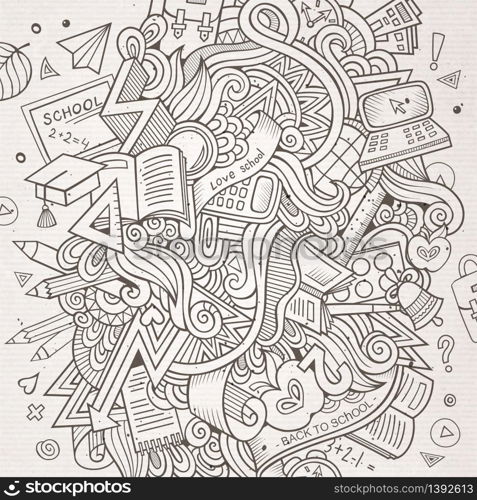 Cartoon hand-drawn doodles school illustration. Line art detailed, with lots of objects vector background. Cartoon hand-drawn doodles School illustration