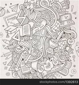Cartoon hand-drawn doodles school illustration. Line art detailed, with lots of objects vector background. Cartoon hand-drawn doodles School illustration
