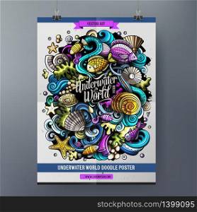 Cartoon hand drawn doodles Sea life poster design template. Very detailed, with lots of separate. Cartoon hand drawn doodles Sea life poster design