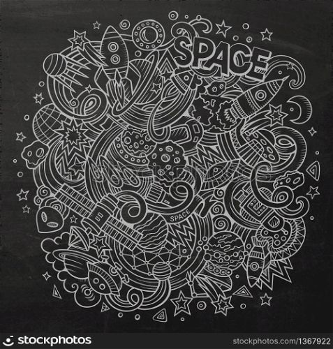 Cartoon hand-drawn doodles Space illustration. Chalkboard detailed, with lots of objects vector background. Cartoon hand-drawn doodles Space illustration