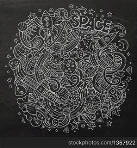 Cartoon hand-drawn doodles Space illustration. Chalkboard detailed, with lots of objects vector background. Cartoon hand-drawn doodles Space illustration