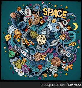 Cartoon hand-drawn doodles Space illustration. Colorful detailed, with lots of objects vector background. Cartoon hand-drawn doodles Space illustration