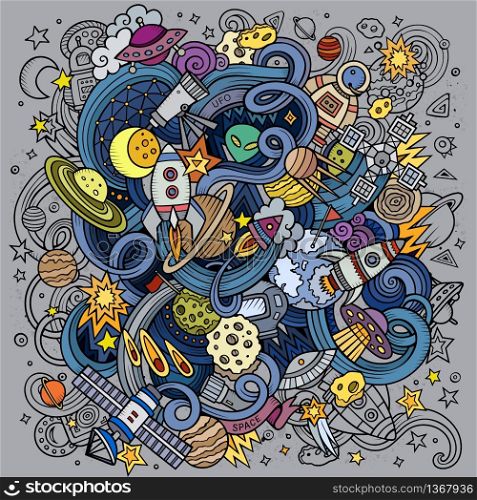 Cartoon hand-drawn doodles Space illustration. Colorful detailed, with lots of objects vector background. Cartoon hand-drawn doodles Space illustration