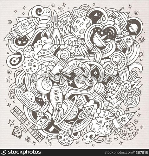 Cartoon hand-drawn doodles Space illustration. Line art detailed, with lots of objects vector background. Cartoon hand-drawn doodles Space illustration. Line art detailed