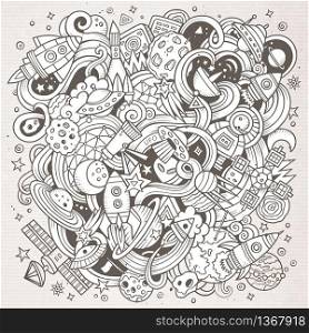Cartoon hand-drawn doodles Space illustration. Line art detailed, with lots of objects vector background. Cartoon hand-drawn doodles Space illustration. Line art detailed