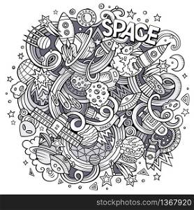 Cartoon hand-drawn doodles Space illustration. Line art detailed, with lots of objects vector background. Cartoon hand-drawn doodles Space illustration