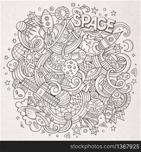 Cartoon hand-drawn doodles Space illustration. Line art detailed, with lots of objects vector background. Cartoon hand-drawn doodles Space illustration