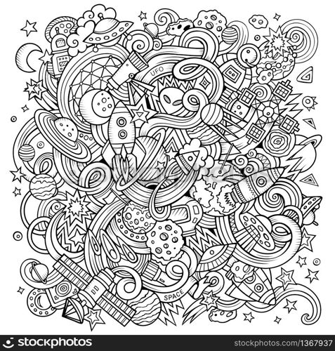 Cartoon hand-drawn doodles Space illustration. Line art detailed, with lots of objects vector background. Cartoon hand-drawn doodles Space illustration