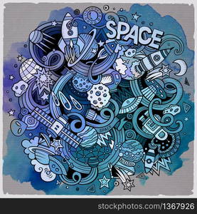 Cartoon hand-drawn doodles Space illustration. Watercolor detailed, with lots of objects vector background. Cartoon hand-drawn doodles Space illustration