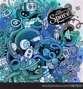 Cartoon hand-drawn doodles Space illustration. Watercolor detailed, with lots of objects vector background. Cartoon hand-drawn doodles Space illustration