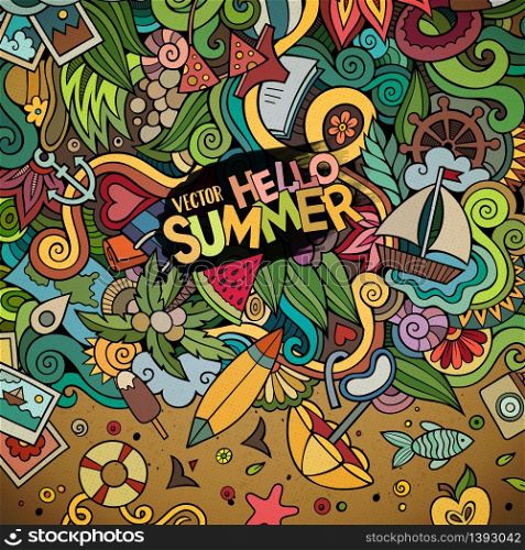 Cartoon hand-drawn doodles summer illustration. Colorful detailed, with lots of objects vector background. Doodles abstract decorative summer vector illustration