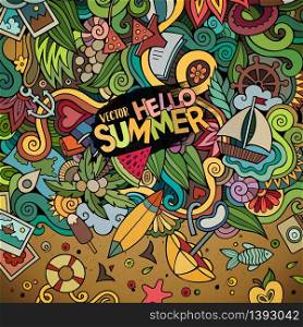 Cartoon hand-drawn doodles summer illustration. Colorful detailed, with lots of objects vector background. Doodles abstract decorative summer vector illustration