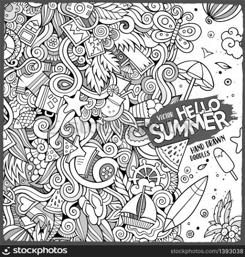 Cartoon hand-drawn doodles summer illustration. Line art detailed, with lots of objects vector background. Doodles abstract decorative summer vector illustration